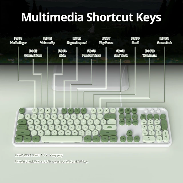 Alt view image 6 of 7 - Ussixchare Wired Typewriter Keyboard Full Size Green Matcha Keyboard Retro Computer Keyboard with Round Keycaps for Windows Laptop(Matcha)