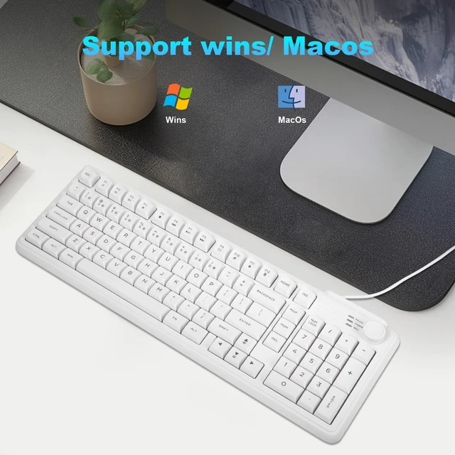 Alt view image 7 of 7 - HUO JI Wired Membrane Gaming Keyboard with Volume Knob, RGB Backlit, White | 96% Layout Compact with Number Pad, Mechanical Feel, SpillResistant, Quiet Keys for PC Windows Mac Office Gaming