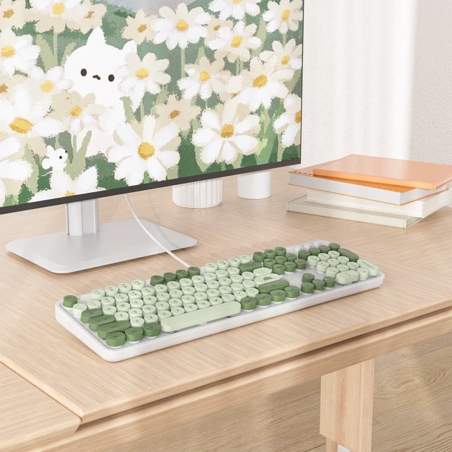 Alt view image 7 of 7 - Ussixchare Wired Typewriter Keyboard Full Size Green Matcha Keyboard Retro Computer Keyboard with Round Keycaps for Windows Laptop(Matcha)