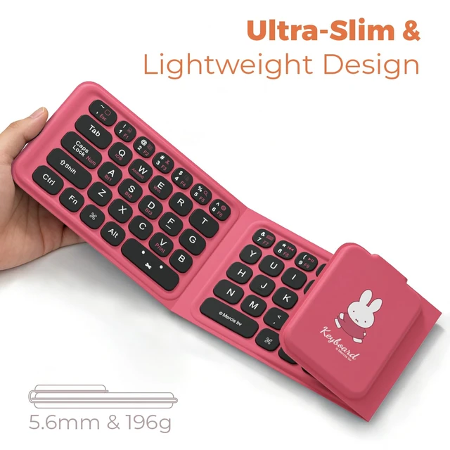 Alt view image 3 of 7 - Miffy Triple-Fold Bluetooth Keyboard - Magnetic Fold Design with Integrated Touchpad & Numeric Keypad, Bluetooth 5.0 (3 Devices), Rechargeable 5.6mm Slim, Premium Leather - Pink