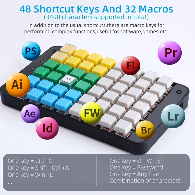Alt view image 4 of 7 - Koolertron One Handed Macro Mechanical Keyboard 48-Key | Fully programmable, 32 advanced macros,RGB backlit,USB Mini,ideal for gamers, cashiers, designers, and video editors