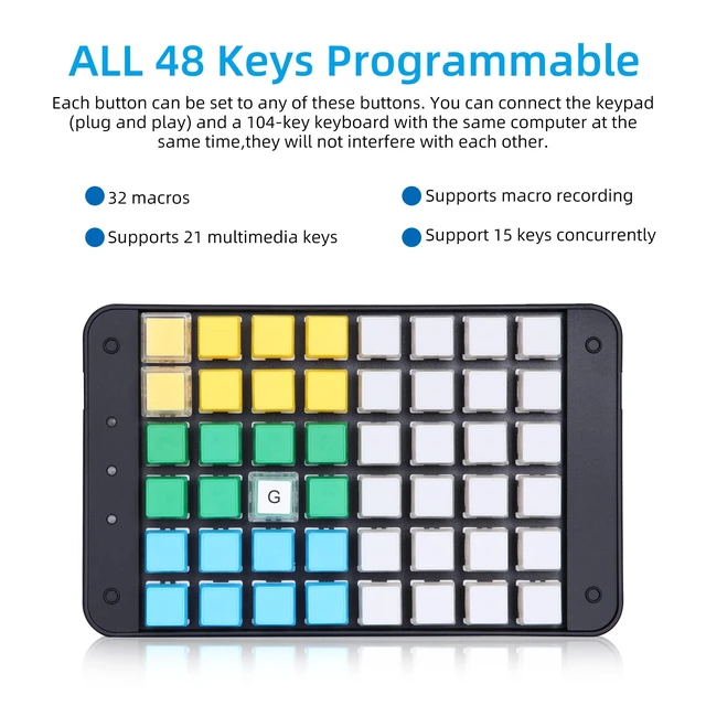 Alt view image 5 of 7 - Koolertron One Handed Macro Mechanical Keyboard 48-Key | Fully programmable, 32 advanced macros,RGB backlit,USB Mini,ideal for gamers, cashiers, designers, and video editors