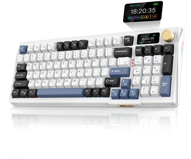 Main image of RedThunder K95 Wireless Mechanical Keyboard, TFT Screen & Knob, Tri-Mode BT5.0/2.4GHz/USB-C Hot Swappable Custom, Pre-lubed Linear Switches, Gasket Structure, RGB Gaming Keyboard, Snowy White-Blue