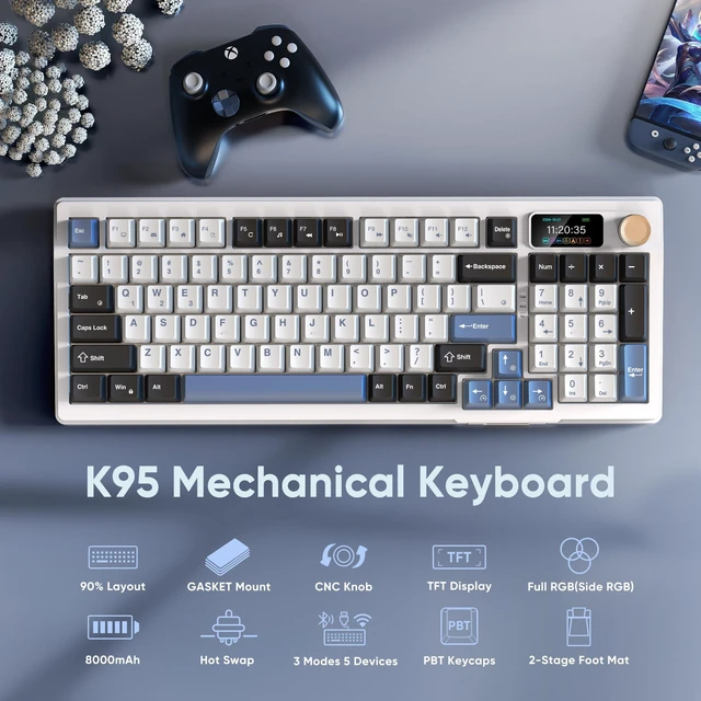 Alt view image 2 of 7 - RedThunder K95 Wireless Mechanical Keyboard, TFT Screen & Knob, Tri-Mode BT5.0/2.4GHz/USB-C Hot Swappable Custom, Pre-lubed Linear Switches, Gasket Structure, RGB Gaming Keyboard, Snowy White-Blue