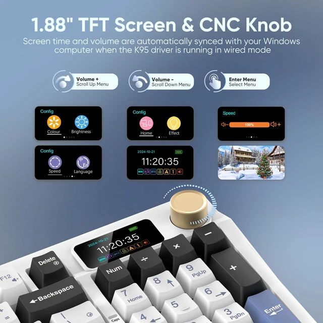 Alt view image 3 of 7 - RedThunder K95 Wireless Mechanical Keyboard, TFT Screen & Knob, Tri-Mode BT5.0/2.4GHz/USB-C Hot Swappable Custom, Pre-lubed Linear Switches, Gasket Structure, RGB Gaming Keyboard, Snowy White-Blue
