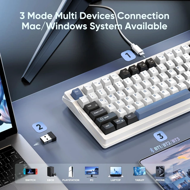 Alt view image 4 of 7 - RedThunder K95 Wireless Mechanical Keyboard, TFT Screen & Knob, Tri-Mode BT5.0/2.4GHz/USB-C Hot Swappable Custom, Pre-lubed Linear Switches, Gasket Structure, RGB Gaming Keyboard, Snowy White-Blue