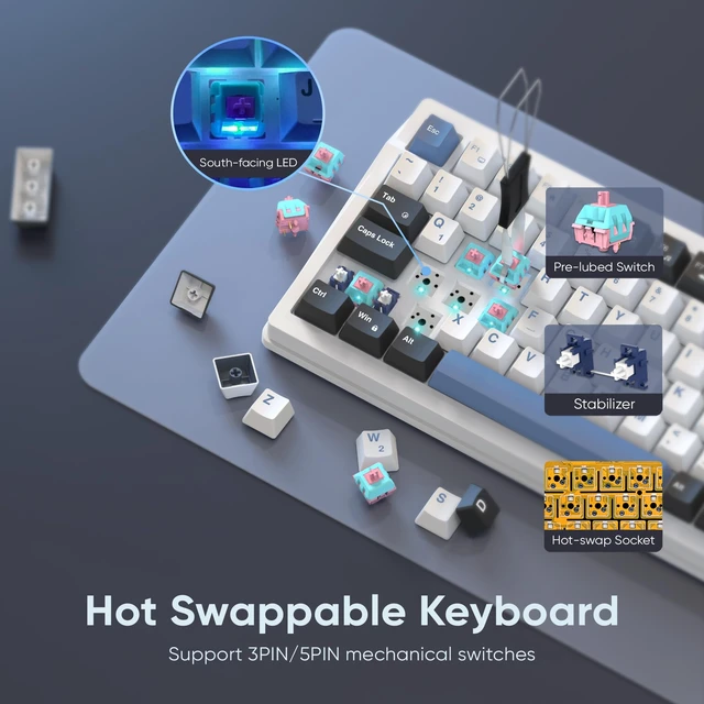 Alt view image 6 of 7 - RedThunder K95 Wireless Mechanical Keyboard, TFT Screen & Knob, Tri-Mode BT5.0/2.4GHz/USB-C Hot Swappable Custom, Pre-lubed Linear Switches, Gasket Structure, RGB Gaming Keyboard, Snowy White-Blue