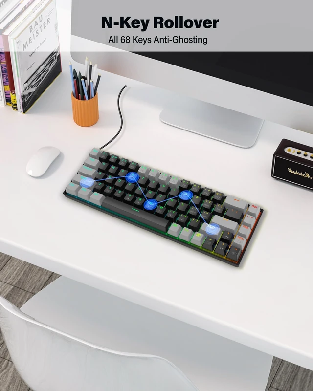Alt view image 4 of 7 - XUANGUI Full RGB Backlit Mechanical Keyboard Clicky Wired Computer Key Board, 65% Cute PC Gaming Keyboards Hot Swappable Rainbow Colorful Light Up Leyboard for Typist and Gamer, Work with Mac PS5 Xbox