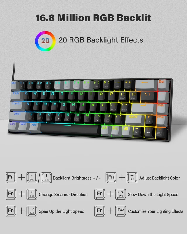 Alt view image 3 of 7 - XUANGUI Full RGB Backlit Mechanical Keyboard Clicky Wired Computer Key Board, 65% Cute PC Gaming Keyboards Hot Swappable Rainbow Colorful Light Up Leyboard for Typist and Gamer, Work with Mac PS5 Xbox