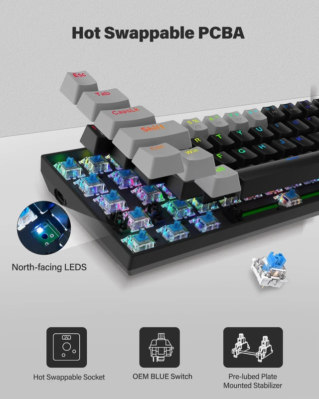 Alt view image 6 of 7 - XUANGUI Full RGB Backlit Mechanical Keyboard Clicky Wired Computer Key Board, 65% Cute PC Gaming Keyboards Hot Swappable Rainbow Colorful Light Up Leyboard for Typist and Gamer, Work with Mac PS5 Xbox