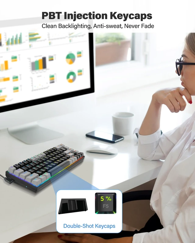 Alt view image 7 of 7 - XUANGUI Full RGB Backlit Mechanical Keyboard Clicky Wired Computer Key Board, 65% Cute PC Gaming Keyboards Hot Swappable Rainbow Colorful Light Up Leyboard for Typist and Gamer, Work with Mac PS5 Xbox