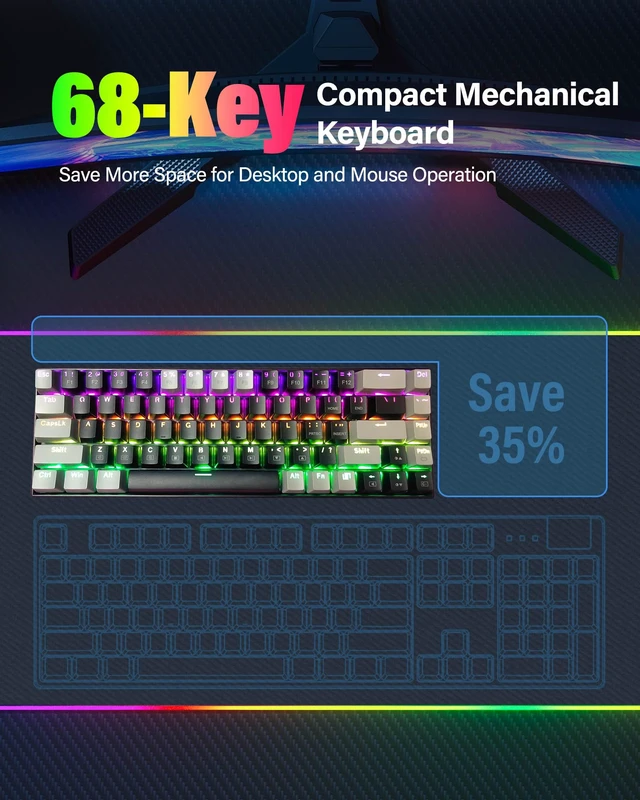 Alt view image 2 of 7 - XUANGUI Full RGB Backlit Mechanical Keyboard Clicky Wired Computer Key Board, 65% Cute PC Gaming Keyboards Hot Swappable Rainbow Colorful Light Up Leyboard for Typist and Gamer, Work with Mac PS5 Xbox