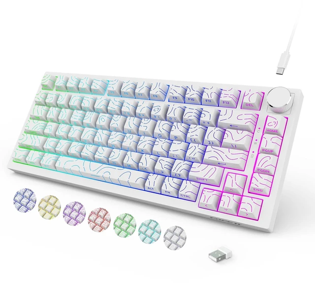Main image of Wireless Mechanical Keyboard, Bluetooth/2.4GHz/USB-C 3 in 1 Modes Connection with RGB Backlit, Side Printed PBT Keycaps, 75% Hot Swappable Custom Keyboard with Knob Mechanical Gaming Keyboards White