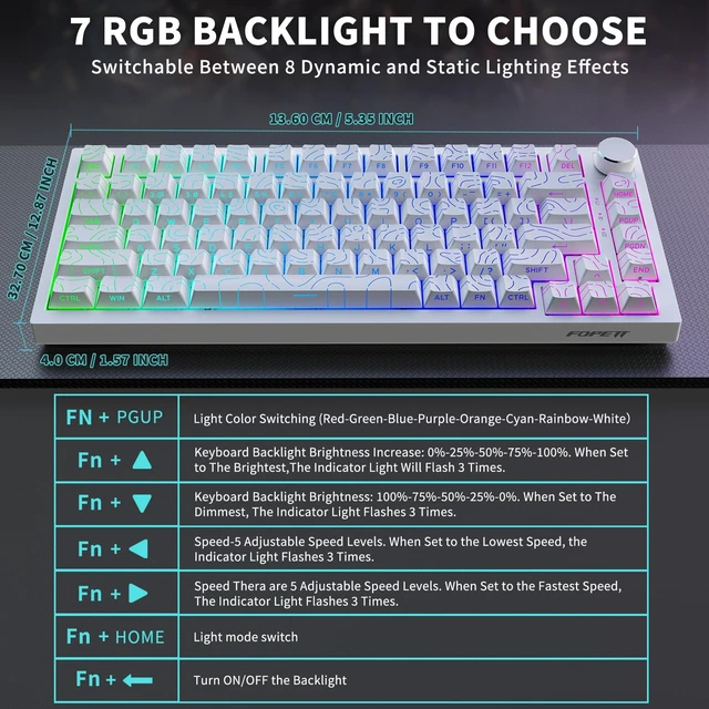 Alt view image 6 of 6 - Wireless Mechanical Keyboard, Bluetooth/2.4GHz/USB-C 3 in 1 Modes Connection with RGB Backlit, Side Printed PBT Keycaps, 75% Hot Swappable Custom Keyboard with Knob Mechanical Gaming Keyboards White