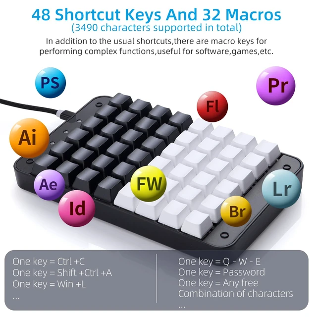 Alt view image 3 of 7 - Koolertron One Handed Mechanical Gaming Keyboard | 48 Keys Fully Programmable Mini USB Macro Keyboard with Red Switch, for Gamers/Designers/Video Editor