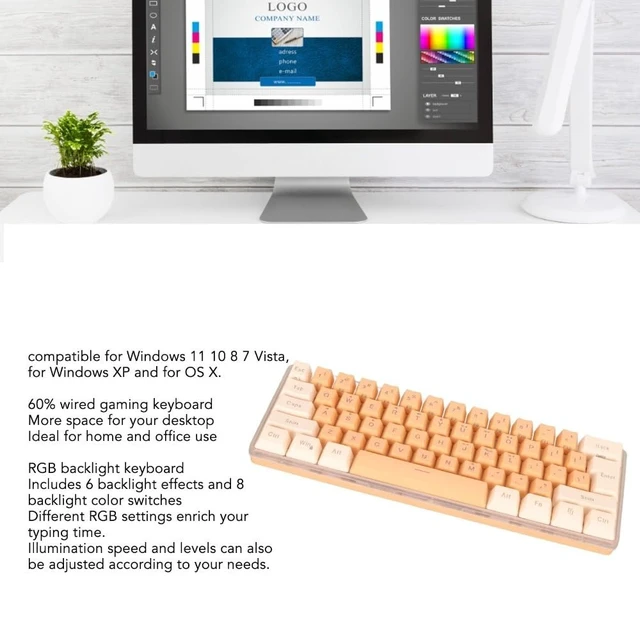 Alt view image 2 of 7 - Anu Limen 60% Wired Gaming Keyboard 61 Keys RGB Backlit Compact Keyboard for Windows,Ergonomic Design with Plug and Play USB Cable(Yellow Orange)