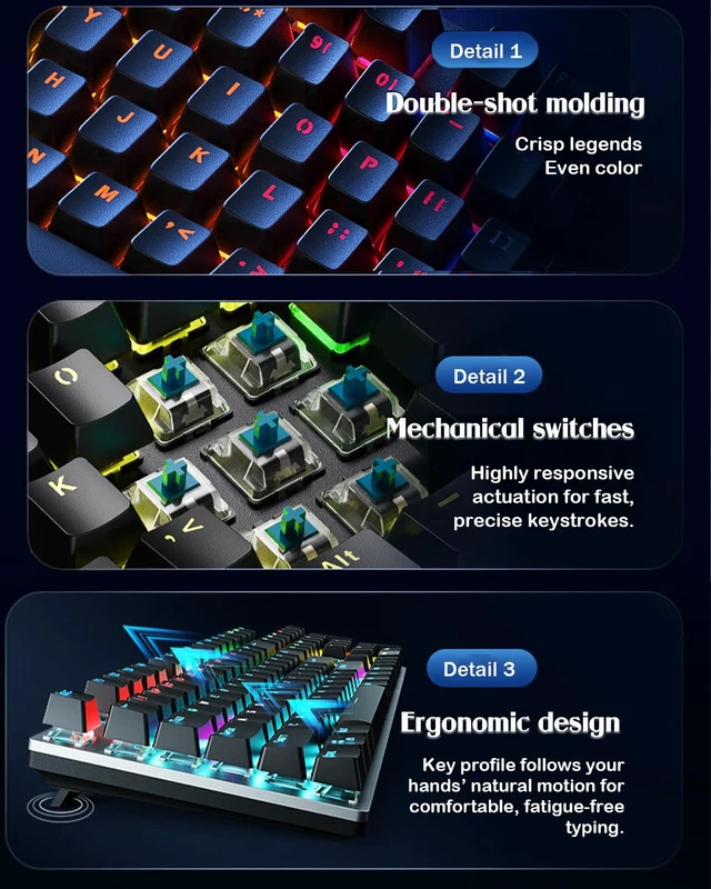 Alt view image 3 of 7 - HP GK400F Mechanical Gaming Keyboard, 104 Keys Wired Keyboard with Brown Switches, Mixed Lighting, Double-Shot ABS Keycaps, for Desktop and Laptop (Gunmetal Black)