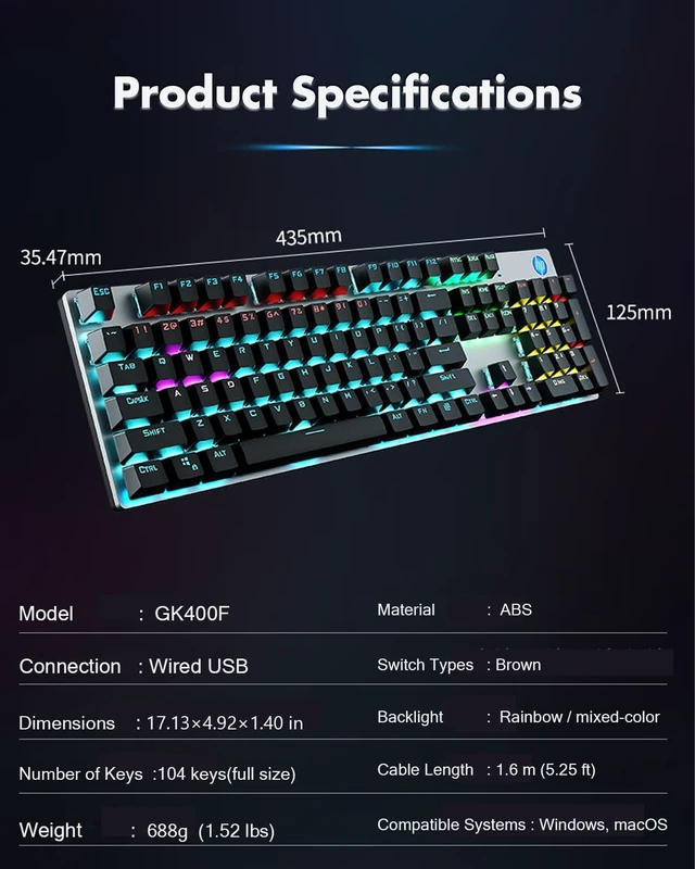 Alt view image 5 of 7 - HP GK400F Mechanical Gaming Keyboard, 104 Keys Wired Keyboard with Brown Switches, Mixed Lighting, Double-Shot ABS Keycaps, for Desktop and Laptop (Gunmetal Black)