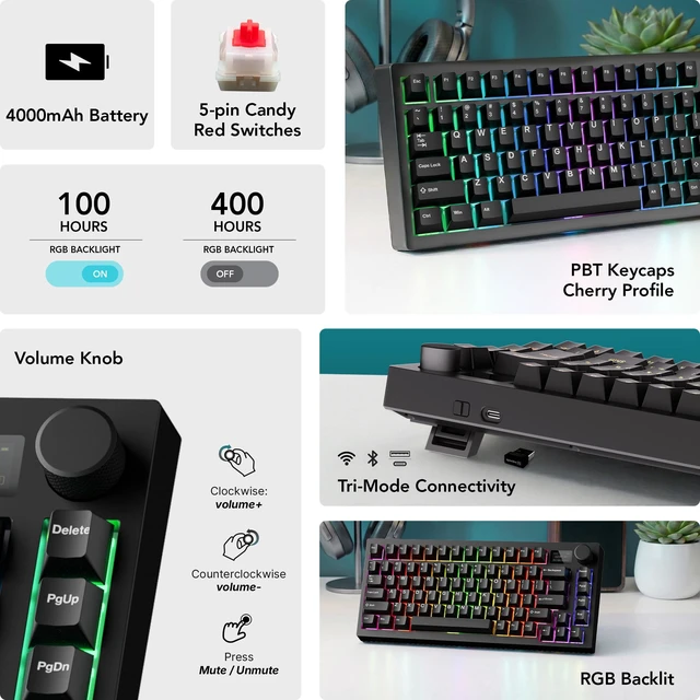 Alt view image 3 of 7 - TECWARE Spectre 75 Mechanical Gaming Keyboard | Customizable LCD Screen Display & Knob | Tri-Mode Wireless Bluetooth 2.4GHz | Gasket Mount Hot Swappable | Black Candy Red Linear Switches