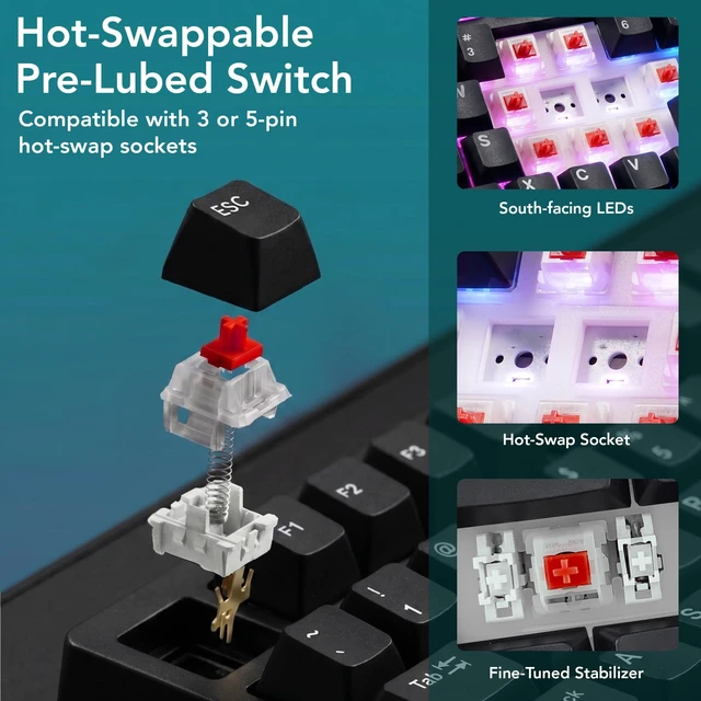 Alt view image 4 of 7 - TECWARE Spectre 75 Mechanical Gaming Keyboard | Customizable LCD Screen Display & Knob | Tri-Mode Wireless Bluetooth 2.4GHz | Gasket Mount Hot Swappable | Black Candy Red Linear Switches