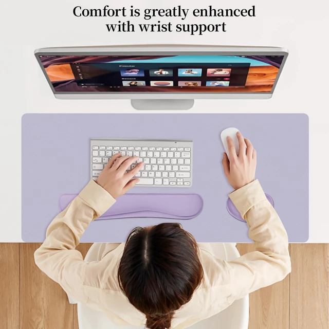 Alt view image 5 of 7 - Meetcolor Keyboard and Mouse Pad, 3-in-1 Desk Mat Set Keyboard Wrist Rest | 31.5" x 15.7" Desk Mat, Ergonomic Wrist Rest for Computer Keyboard, Non-slip Base, Waterproof Computer Mat, Lavender