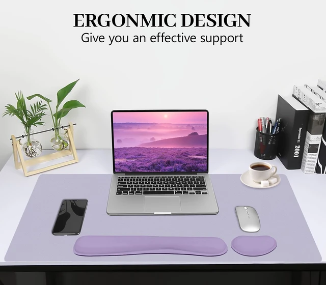 Alt view image 6 of 7 - Meetcolor Keyboard and Mouse Pad, 3-in-1 Desk Mat Set Keyboard Wrist Rest | 31.5" x 15.7" Desk Mat, Ergonomic Wrist Rest for Computer Keyboard, Non-slip Base, Waterproof Computer Mat, Lavender