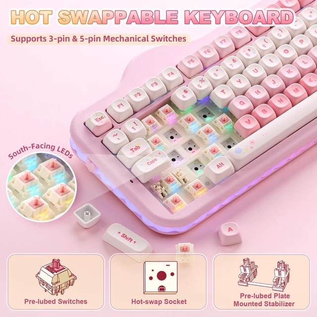 Alt view image 5 of 7 - YUNZII C98 Cute Cake Wireless Mechanical Keyboard(Pink, Candy Switch) | 99 Keys with Number Pad, Hot Swap, PBT MOA Keycaps, BT5.0/2.4G/USB-C, Gasket Mount, Custom RGB Backlit for Win/Mac