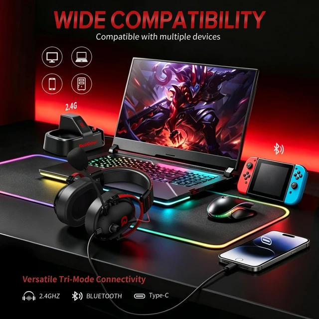 Alt view image 7 of 7 - ReliGow Wireless Gaming Headset with Charging Station for PC,PS4,PS5,Xbox | Wireless Gaming Headphones, Wired & 2.4GHz & Bluetooth, <16bit/48kH, 17ms Low Latency, 70H Battery, Dynamic 53mm Drivers
