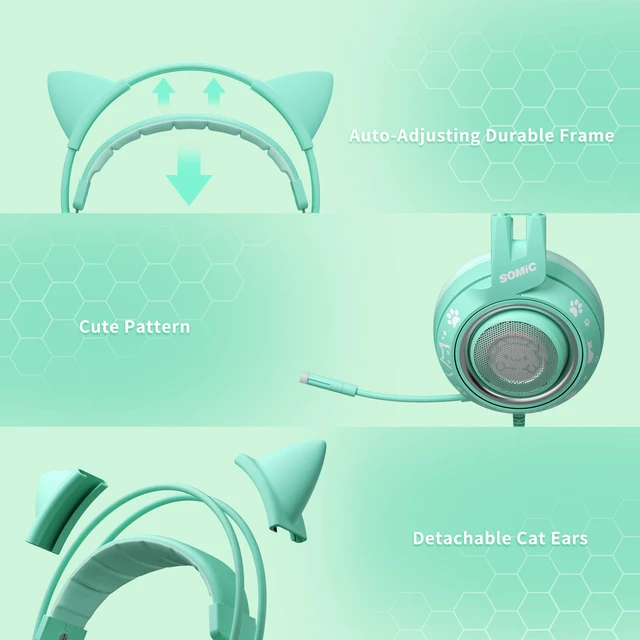 Alt view image 4 of 7 - SOMIC G951S Green Gaming Headset with Microphone for PS4, PS5, Xbox One, PC, Cat Ear Headphones Over Ear with in-Line Mic Control, Stereo Sound for Girls, Woman