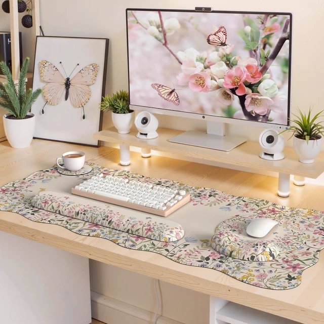 Alt view image 6 of 7 - Scalloped Desk Mat,Large Mouse Pad with Wrist Rest and Keyboard Pad | Ergonomic Desk Mat Set,Non-slip Mouse Pad and wrist rest,Cute Desk Accessories for Women,Teacher Desk Decor Home Office,Beige