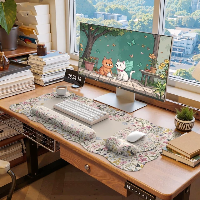 Alt view image 7 of 7 - Scalloped Desk Mat,Large Mouse Pad with Wrist Rest and Keyboard Pad | Ergonomic Desk Mat Set,Non-slip Mouse Pad and wrist rest,Cute Desk Accessories for Women,Teacher Desk Decor Home Office,Beige
