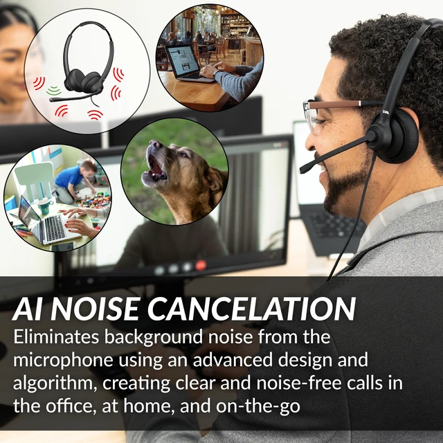 Alt view image 2 of 6 - Cyber Acoustics AC-404 USB Headset with AI-Powered Noise Cancellation | Great for Hybrid Work and Team Calls, Works in Offices, Homes, Any Environment, Keeps Background Noise Out of Your Calls