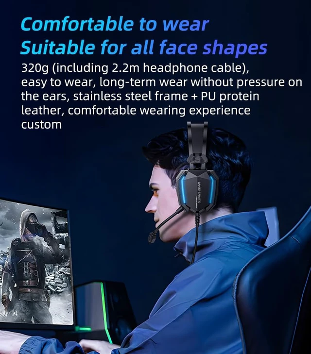 Alt view image 7 of 7 - GAMER FANATIC Gaming Headset, Wired, 3D Surround Sound, RGB Light | Memory Foam Earmuffs, USB and 3.5mm for PC and Console, Headphones Wired Gaming, Noise Cancellation