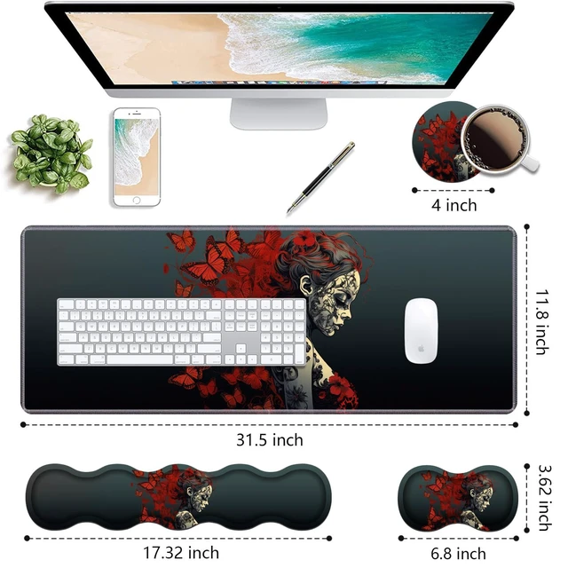 Alt view image 2 of 7 - Ergonomic Keyboard Wrist Rest & Mouse Pad Wrist Rest Set, Large Gaming Desk Mat 31.5"x 11.8" with Non-Slip Base, Memory Foam, Easy Typing Pain Relief for Home & Office, Tattooed Girl and Red Butterfly