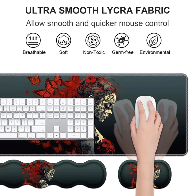 Alt view image 3 of 7 - Ergonomic Keyboard Wrist Rest & Mouse Pad Wrist Rest Set, Large Gaming Desk Mat 31.5"x 11.8" with Non-Slip Base, Memory Foam, Easy Typing Pain Relief for Home & Office, Tattooed Girl and Red Butterfly