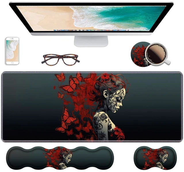 Main image of Ergonomic Keyboard Wrist Rest & Mouse Pad Wrist Rest Set, Large Gaming Desk Mat 31.5"x 11.8" with Non-Slip Base, Memory Foam, Easy Typing Pain Relief for Home & Office, Tattooed Girl and Red Butterfly