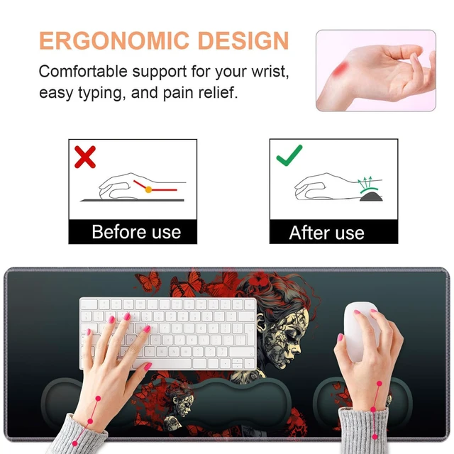 Alt view image 5 of 7 - Ergonomic Keyboard Wrist Rest & Mouse Pad Wrist Rest Set, Large Gaming Desk Mat 31.5"x 11.8" with Non-Slip Base, Memory Foam, Easy Typing Pain Relief for Home & Office, Tattooed Girl and Red Butterfly