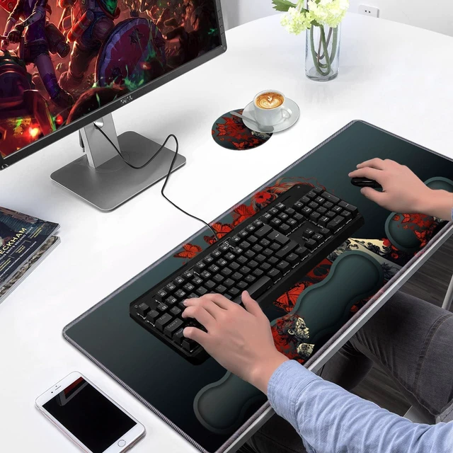 Alt view image 7 of 7 - Ergonomic Keyboard Wrist Rest & Mouse Pad Wrist Rest Set, Large Gaming Desk Mat 31.5"x 11.8" with Non-Slip Base, Memory Foam, Easy Typing Pain Relief for Home & Office, Tattooed Girl and Red Butterfly