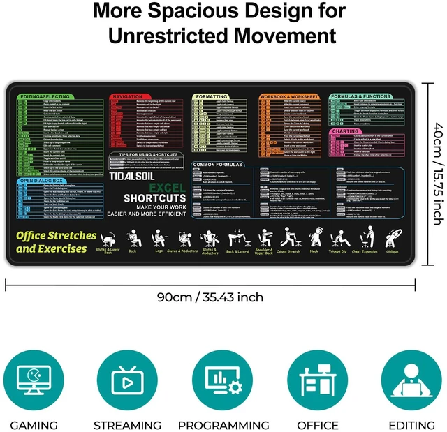 Alt view image 2 of 7 - TIDALSOIL Excel Cheat Sheet Desk Pad, Mouse Pad with Stretch Guide, XXL | Maximum Desk Coverage 35.4x15.8 In. Clear Office Shortcut Guides, Water-Resistant Coating, and Non-Slip Rubber Base