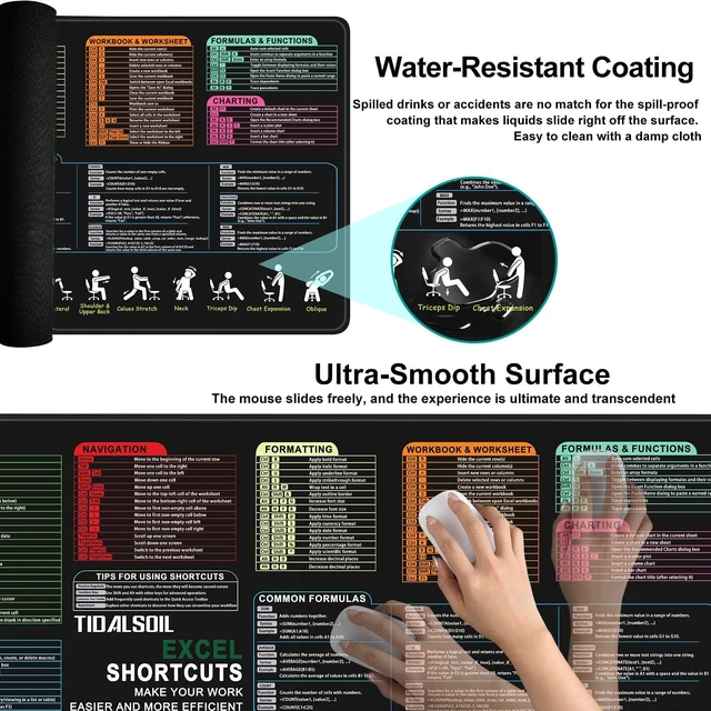 Alt view image 4 of 7 - TIDALSOIL Excel Cheat Sheet Desk Pad, Mouse Pad with Stretch Guide, XXL | Maximum Desk Coverage 35.4x15.8 In. Clear Office Shortcut Guides, Water-Resistant Coating, and Non-Slip Rubber Base