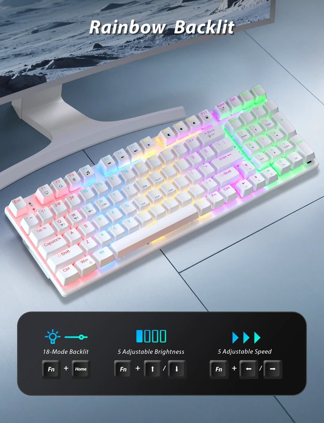 Alt view image 2 of 7 - Wireless Mechanical Keyboard and Mouse Combo, 98-Key Gaming Keyboard with RGB Backlit, Tri-Mode BT5.0/2.4G/USB-C, 4000mAh Battery, 3200 DPI Gaming Mouse with Mouse Pad for PC, Laptop, Tablet(White)