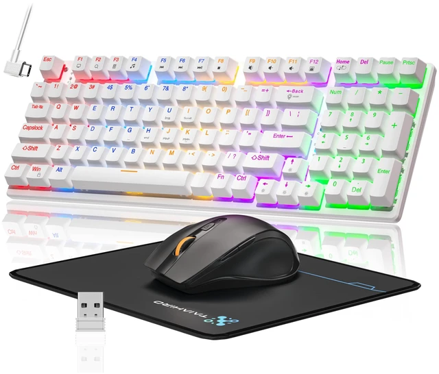 Main image of Wireless Mechanical Keyboard and Mouse Combo, 98-Key Gaming Keyboard with RGB Backlit, Tri-Mode BT5.0/2.4G/USB-C, 4000mAh Battery, 3200 DPI Gaming Mouse with Mouse Pad for PC, Laptop, Tablet(White)