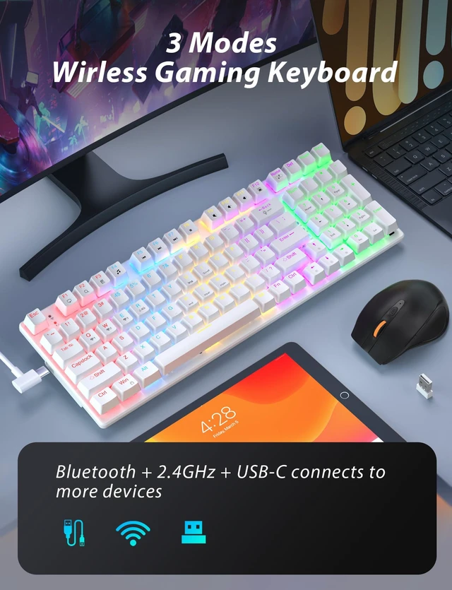 Alt view image 3 of 7 - Wireless Mechanical Keyboard and Mouse Combo, 98-Key Gaming Keyboard with RGB Backlit, Tri-Mode BT5.0/2.4G/USB-C, 4000mAh Battery, 3200 DPI Gaming Mouse with Mouse Pad for PC, Laptop, Tablet(White)