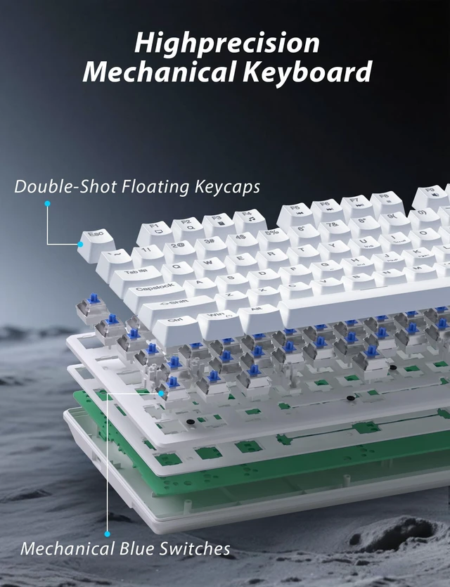 Alt view image 5 of 7 - Wireless Mechanical Keyboard and Mouse Combo, 98-Key Gaming Keyboard with RGB Backlit, Tri-Mode BT5.0/2.4G/USB-C, 4000mAh Battery, 3200 DPI Gaming Mouse with Mouse Pad for PC, Laptop, Tablet(White)