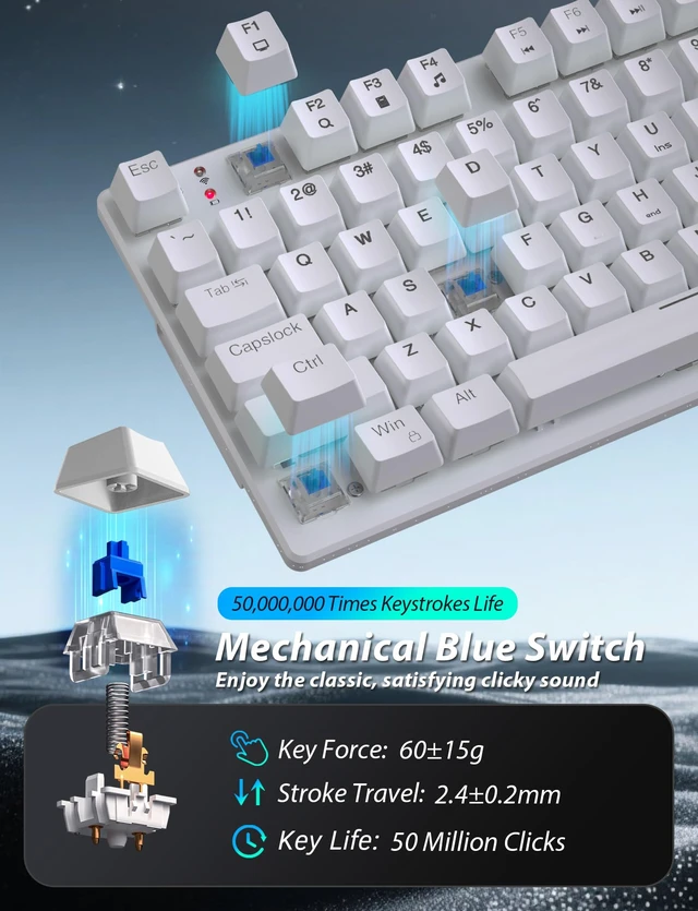 Alt view image 6 of 7 - Wireless Mechanical Keyboard and Mouse Combo, 98-Key Gaming Keyboard with RGB Backlit, Tri-Mode BT5.0/2.4G/USB-C, 4000mAh Battery, 3200 DPI Gaming Mouse with Mouse Pad for PC, Laptop, Tablet(White)