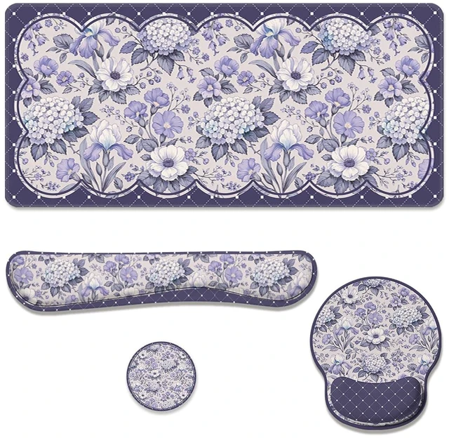 Main image of Lavender Floral Desk Mat Set Vintage Style Large Mouse Pad with Wrist Rest 4in1 Desk Mat for Desktop Ergonomic Keyboard Wrist Support Anti-Slip Computer Ergonomic Mouse Pad Home Office Gaming
