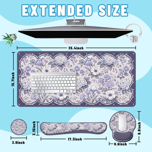 Alt view image 2 of 7 - Lavender Floral Desk Mat Set Vintage Style Large Mouse Pad with Wrist Rest 4in1 Desk Mat for Desktop Ergonomic Keyboard Wrist Support Anti-Slip Computer Ergonomic Mouse Pad Home Office Gaming