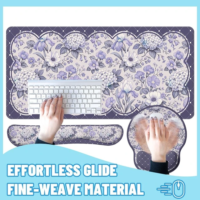 Alt view image 4 of 7 - Lavender Floral Desk Mat Set Vintage Style Large Mouse Pad with Wrist Rest 4in1 Desk Mat for Desktop Ergonomic Keyboard Wrist Support Anti-Slip Computer Ergonomic Mouse Pad Home Office Gaming