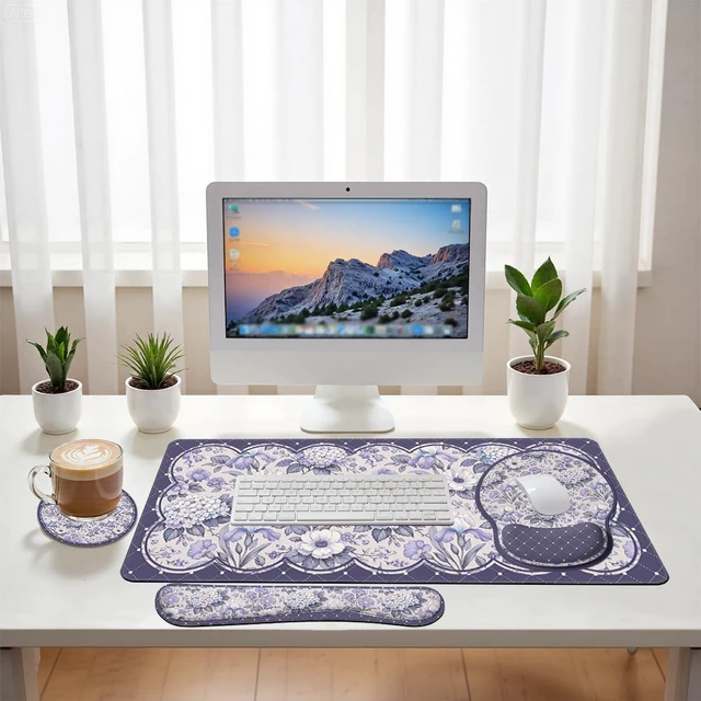 Alt view image 6 of 7 - Lavender Floral Desk Mat Set Vintage Style Large Mouse Pad with Wrist Rest 4in1 Desk Mat for Desktop Ergonomic Keyboard Wrist Support Anti-Slip Computer Ergonomic Mouse Pad Home Office Gaming