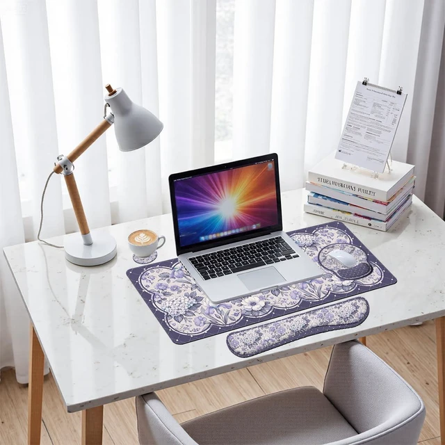 Alt view image 7 of 7 - Lavender Floral Desk Mat Set Vintage Style Large Mouse Pad with Wrist Rest 4in1 Desk Mat for Desktop Ergonomic Keyboard Wrist Support Anti-Slip Computer Ergonomic Mouse Pad Home Office Gaming